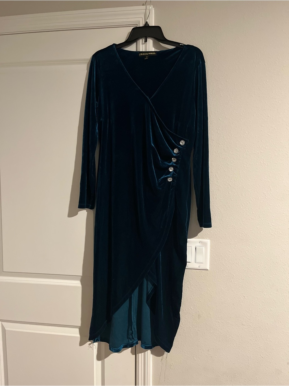 Velvet Wrap Dress with Side Buttons - Teal